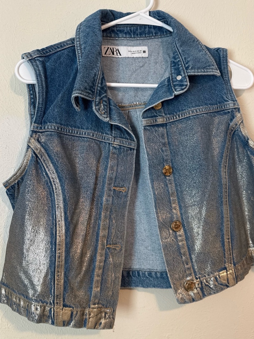 Zara Metallic Silver-Blue Denim Vest